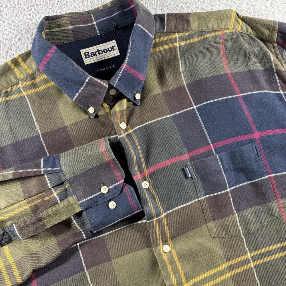 Barbour John Shirt Mens 3XL‎ Green Plaid Flannel Long Sleeve Button Up Regular